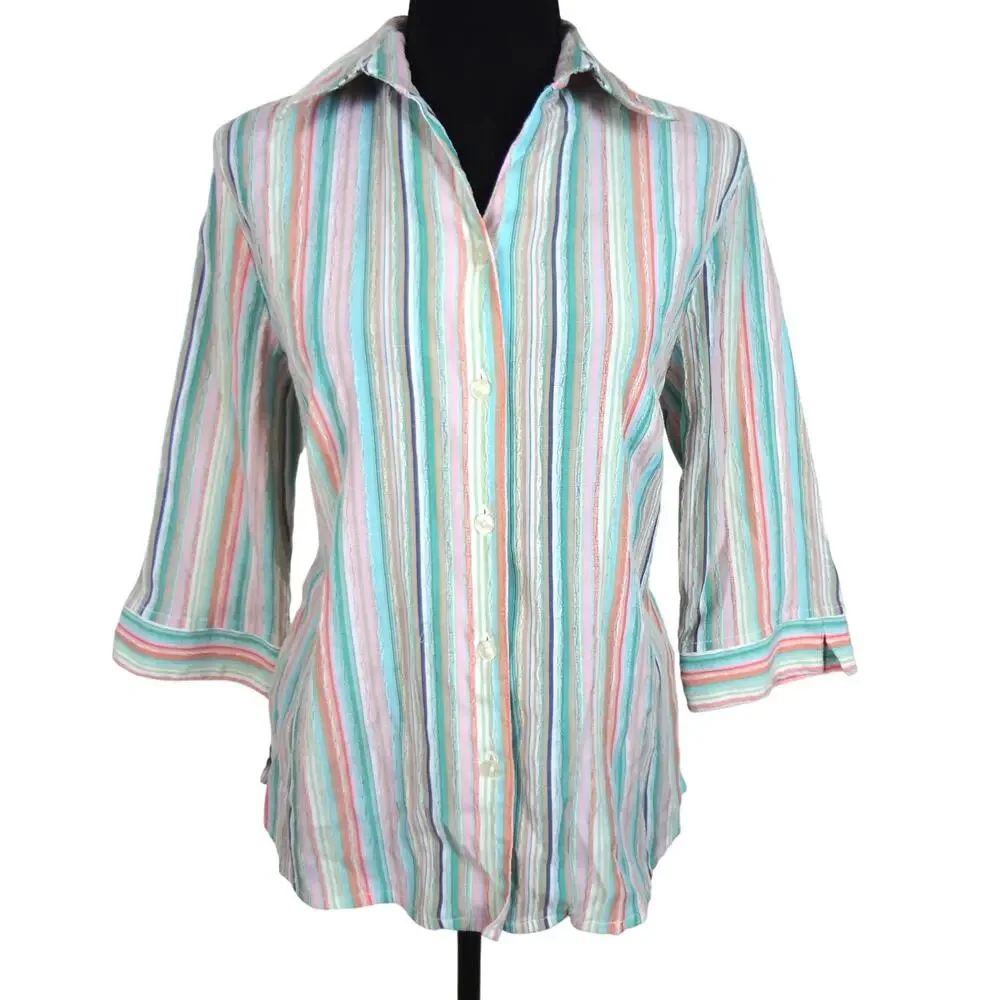 Vintage 90s Y2K Striped Button Down Top 8P Petite Women Cotton Gauze Crinkle